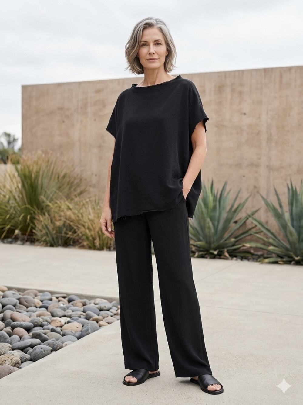 Eileen Fisher Black Raw Hem Boat Neck Boxy Tee sweatshirt Shirt Quiet Luxury 1X